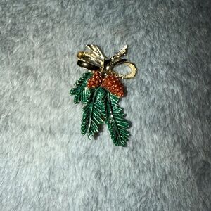 Vintage Brooch Scarf Hat Pin Gold Bow Enamel Pinecones Floral Christmas Holiday